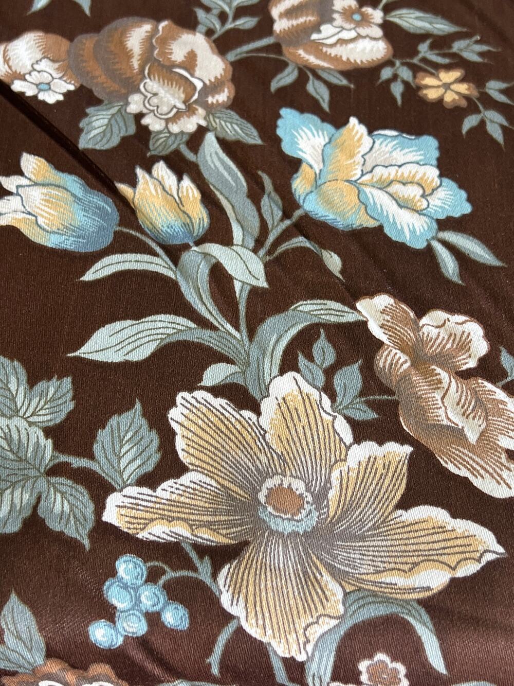 Vtg Cohama Fabric Brown Blue Floral Bianca Stripe Upholstery Plain Weave 55x55"